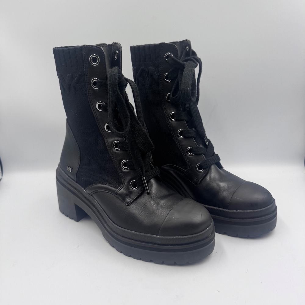 Michael Kors Black Leather Knit Lace Up Combat Boots Lug Sole PV22A Womens 5.5M